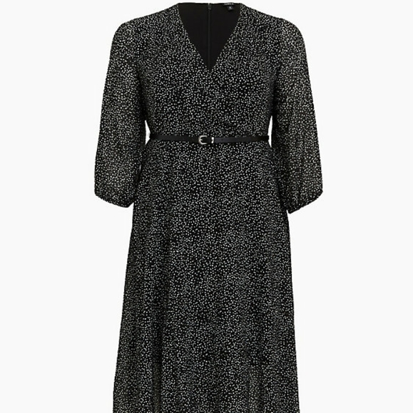 BLACK POLKA DOT FLOCKED CHIFFON BELTED MIDI DRESS (Dress Box) - Picture 5 of 7